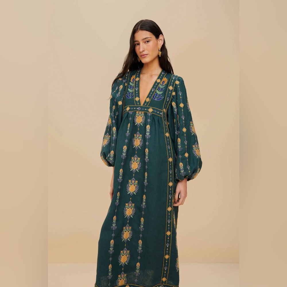 FARM Rio Green Embroidered Premium Linen balloon sleeve Maxi Dress NWT $410